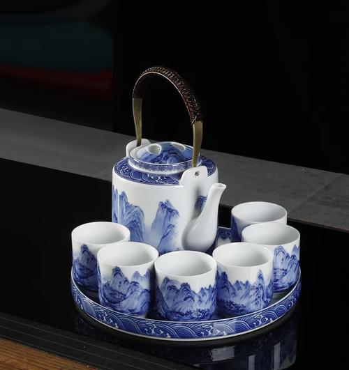 景德镇青花瓷功夫茶具套装大号陶瓷千里江山图提梁壶茶杯茶盘整套高档